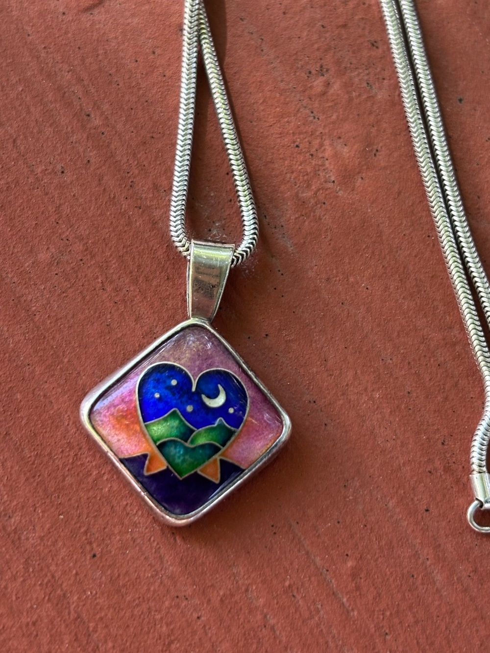 Ricky Frank Handcrafted Sterling Silver Enamel Heart Landscape Pendant .75" 20"